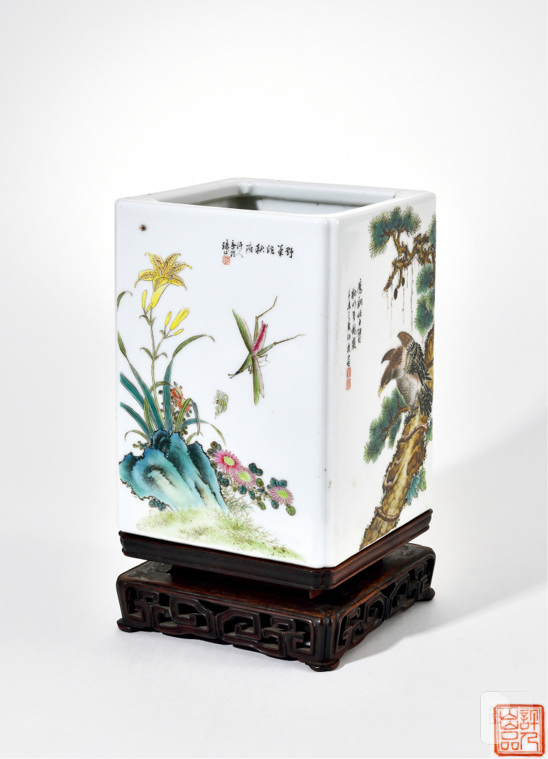 民国 何许人画花鸟图四方大笔筒 - 图1